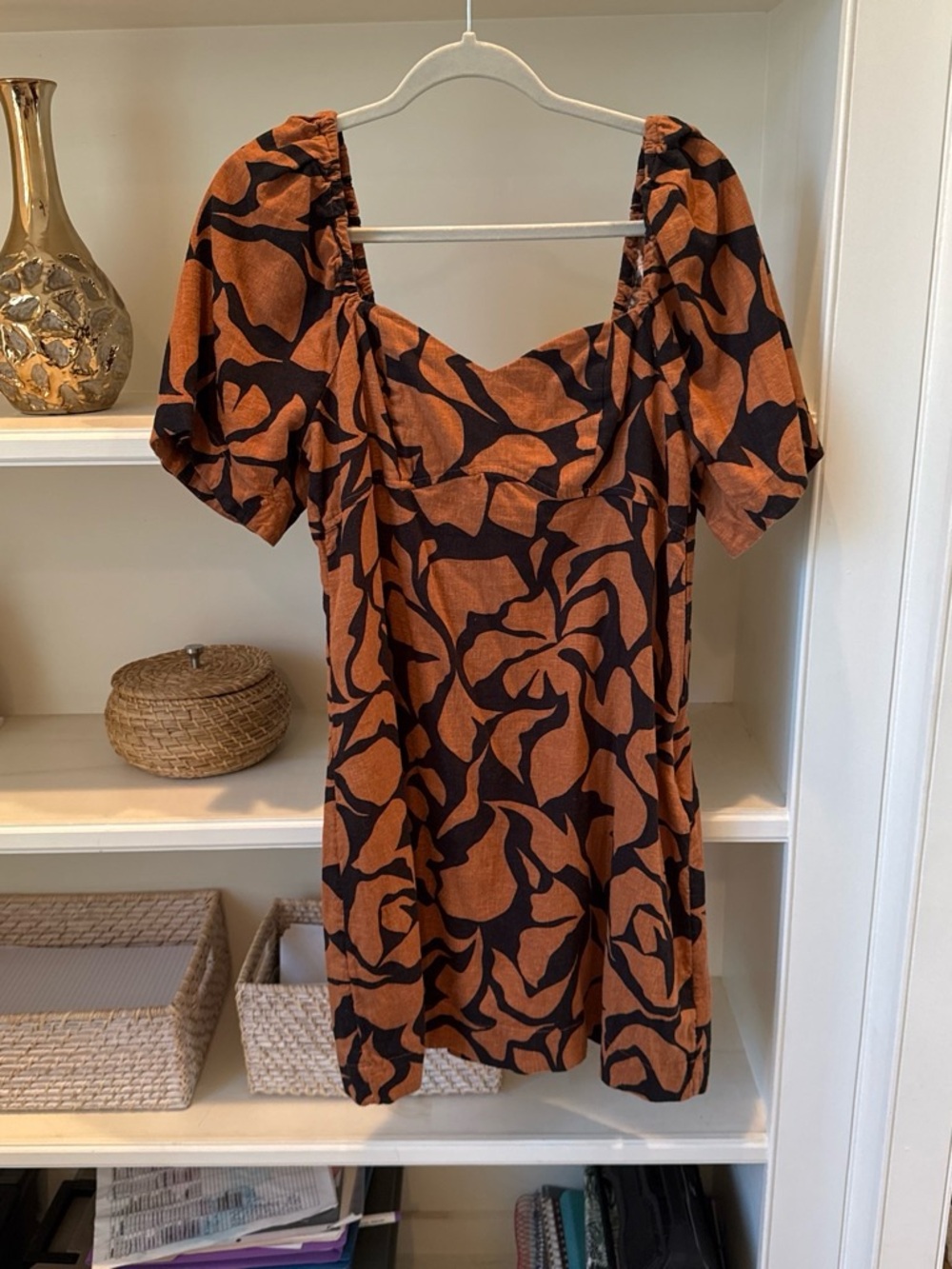a new day Rust and Black Abstract Puff-Sleeve Mini Dress